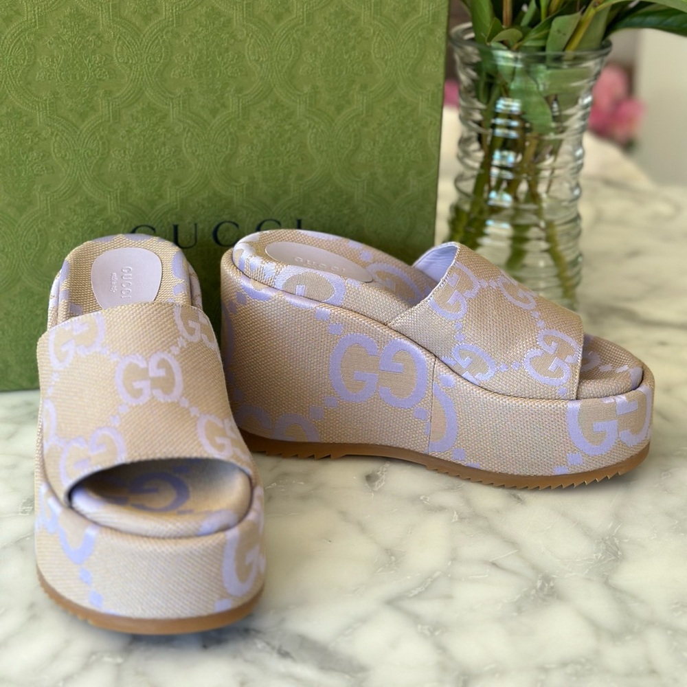 Gucci Monogram Jumbo GG Angelina Platform 55mm Slide Sandals Beige Perfect Pink